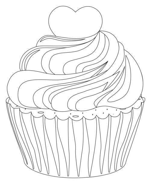 Black and white cupcake poster heart topping Black and white cupcake poster heart topping. Coloring book page for adults and kids. Comfort food vector illustration for gift card certificate banner sticker, badge sign, stamp, logo, icon label. cupcakes coloring pages stock illustrations