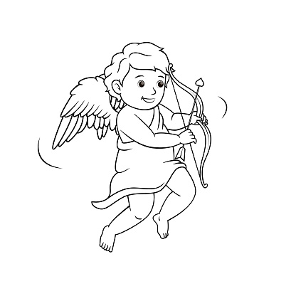 Black and White Cupid image flying with the arrow in the hand in a white background For assembly Or create teaching material for mothers who do Homeschool And teachers who find pictures for teaching materials such as flashcards or children's books.