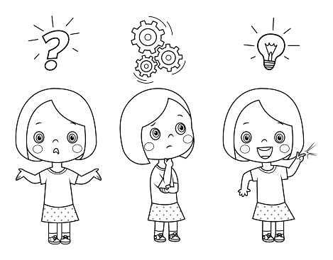 Black And White, Cute little kid girl thinking and searching idea process