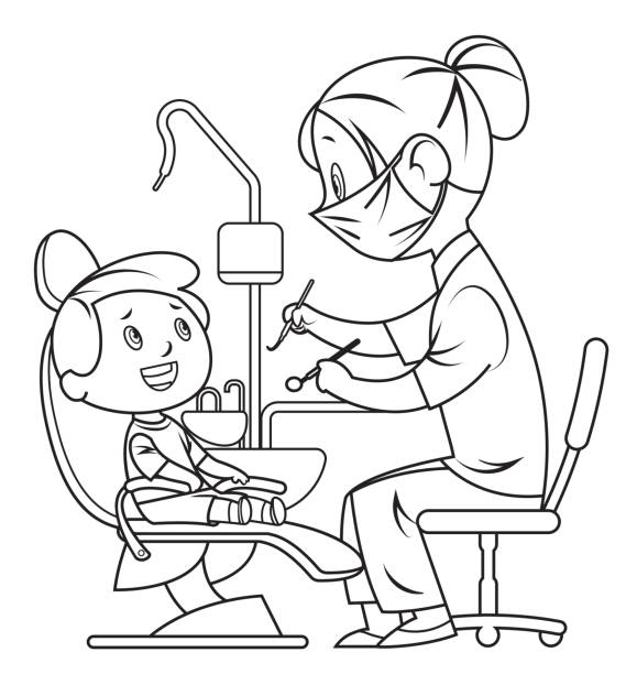 ilustrações de stock, clip art, desenhos animados e ícones de black and white dentist and child - aluno dentista