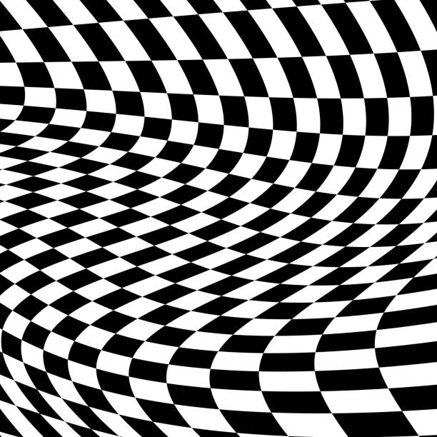 Black And White Distorted Checkerboard Background. Vector background of twisted black and white checkerboard squares. chess designs stock illustrations