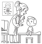 Vector black and white doctor and child