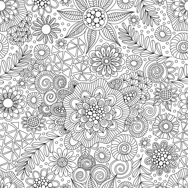 Black and White Doodle Repeat Pattern vector art illustration