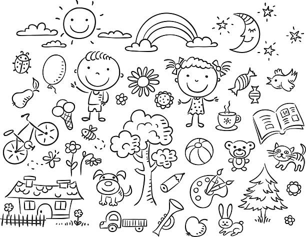 Black and white doodle set Doodle set of objects from a child's life, black and white outline. flower coloring pages stock illustrations