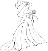 Sketch drawing of a  bride in a bridal gown with veil, train and bouquet.  http://i269.photobucket.com/albums/jj79/dpixelpusher/Brides.jpg?t=1223410239