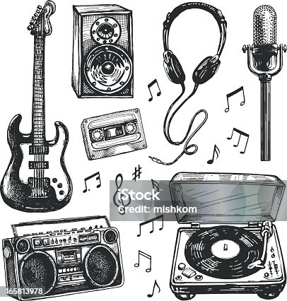 istock Black and white drawings of music related items 165813978