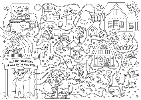 Black and white farm maze for kids with rural village landscape, animals, barn, cottage. Country side line preschool printable activity. Labyrinth coloring page. Help the farmer find the way to farmhouse
