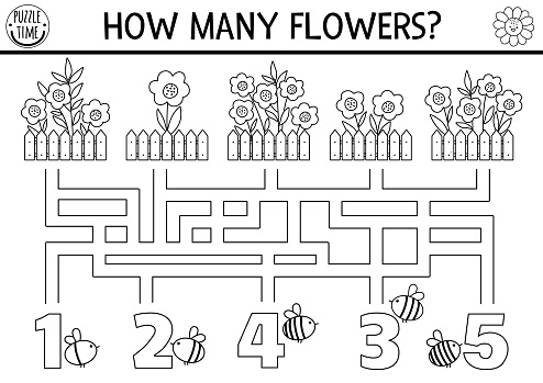 Black and white farm or garden maze for kids with flowerbeds, bees, fence. Countryside line preschool printable counting activity. Labyrinth coloring game or math puzzle with cute flowers