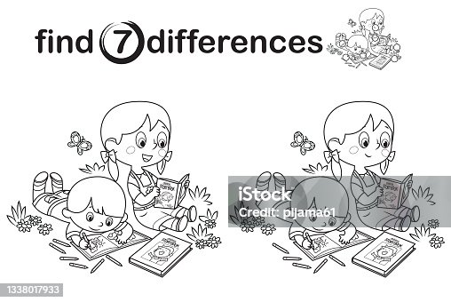 istock Black And White Find differences, Children working and reading book in the park 1338017933
