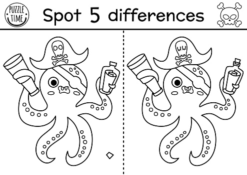 Black and white find differences game for children. Sea adventures line educational activity with cute pirate octopus and map in bottle. Treasure island printable worksheet, coloring page for kids