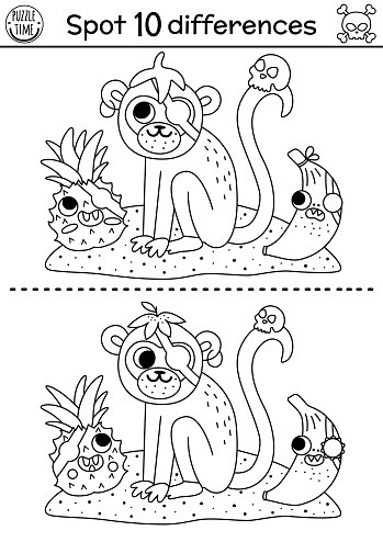 Black and white find differences game for children. Sea adventures line educational activity with cute pirate monkey, banana, pineapple. Treasure island printable worksheet, coloring page for kids