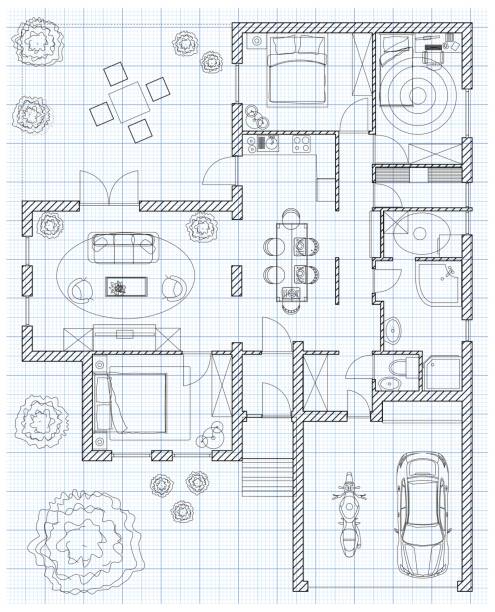 Black and White floor plan sketch of a house on millimeter paper. Black and White floor plan sketch of a house on millimeter paper. garage drawings stock illustrations