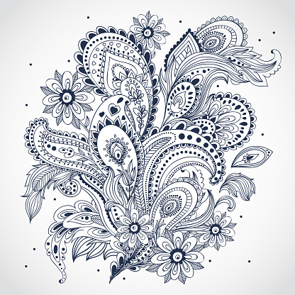 Black and white floral Indian ornament on white background