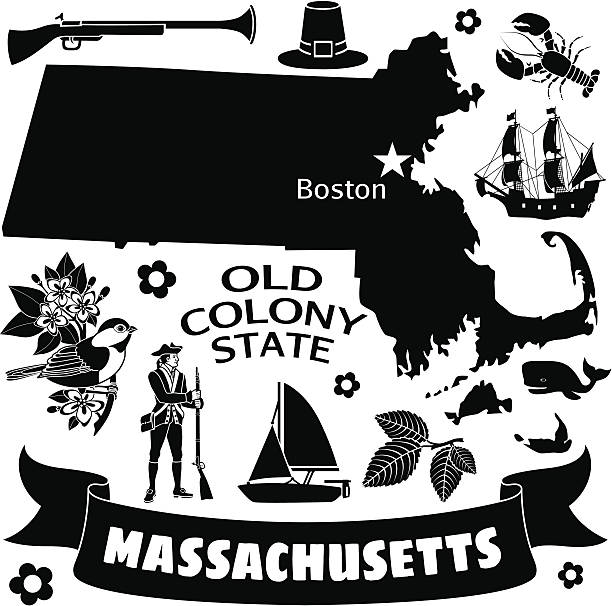 A black and white flyer with many Massachusetts icons A vector map of Massachusetts, USA with related icons. may flowers stock illustrations
