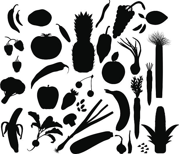 Black and white fruit and vegetable silhouette pattern Fruits and vegetables Illustrations                        EPS10 food silhouettes stock illustrations