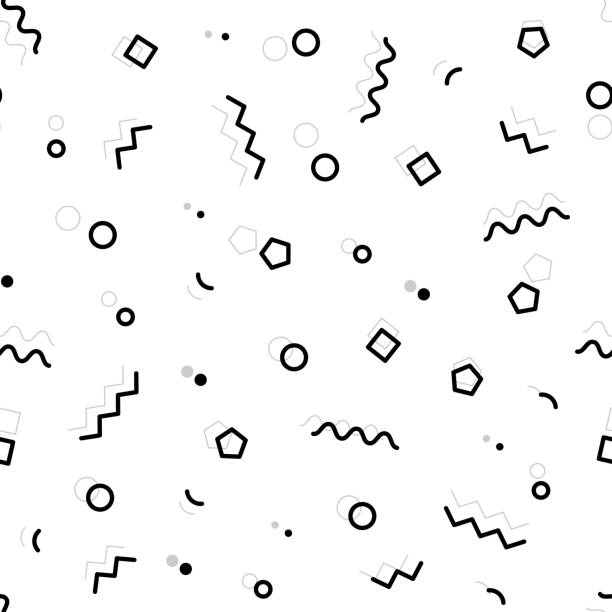 pola geometris geometris hitam dan putih dengan garis zig-zag, segitiga, kotak, gelombang, segi enam dan lingkaran. gaya desain grafis tahun 80-an dan 90-an. latar belakang mulus vektor - berliku liku ilustrasi stok