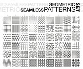 Black and white geometric seamless patterns. Thin line monochrome tiling textures set. Vector illustration.