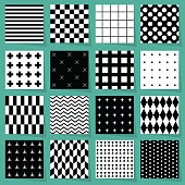Black and white geometrical patterns design element set on light blue green background with shadows