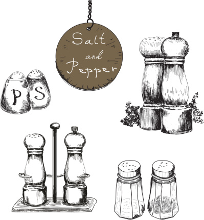 Black and white hand drawn salt and pepper shakers