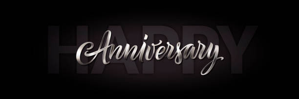 Black and white happy anniversary card. Vector greeting banner with silver text. Vintage 3d lettering. Calligraphy and illustration. Happy anniversary backdrop, party decoration, poster design Black and white happy anniversary card. Vector greeting banner with silver text. Vintage 3d lettering. Calligraphy and illustration. Happy anniversary backdrop, party decoration, poster design wedding anniversary stock illustrations