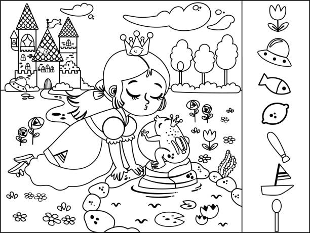 Black and White Hidden Object Game Black and white hidden object game on The Frog Prince story theme. Vector illustration for little children. frog clipart black and white stock illustrations