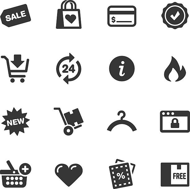 Black and white icons relating to shopping vector art illustration