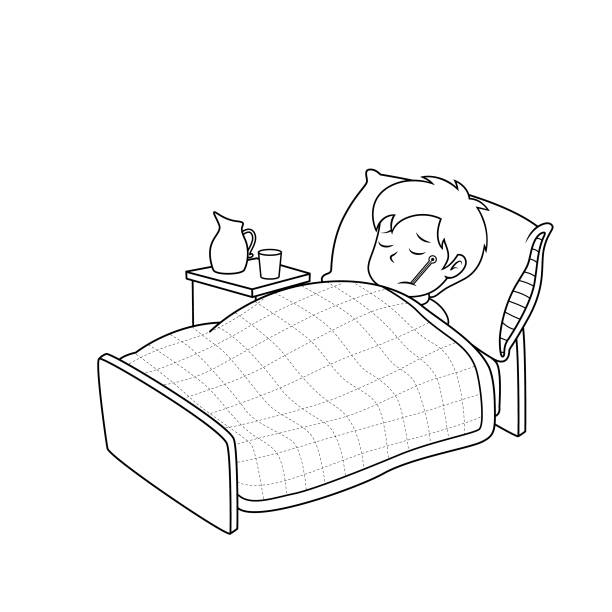 Black and White Illustration of Asian men using a thermometer by measuring his temperature and he felt sick and lay down on his bed. Black and White Illustration of Asian men using a thermometer by measuring his temperature and he felt sick and lay down on his bed. pain clipart stock illustrations