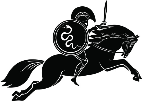 Black and white illustration of Roman soldier on horseback