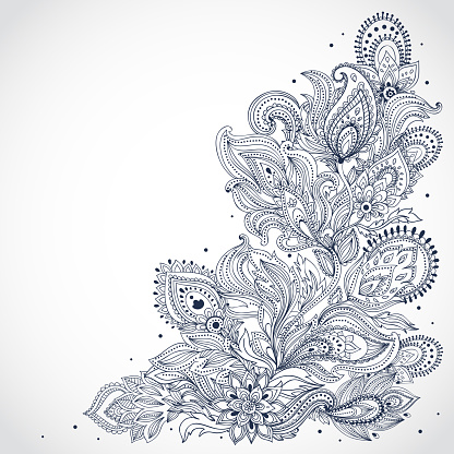 Black and white Indian floral pattern on a white background