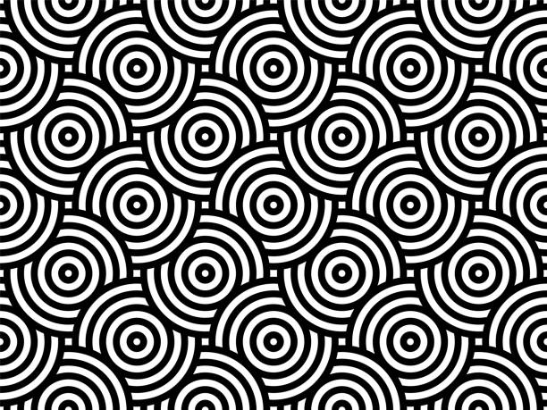 Black and white intersecting repeating circles pattern. Japanese style circles seamless background. Modern spiral abstract geometric wavy pattern tiles. Endless repeated texture. Vector illustration. circle pattern stock illustrations