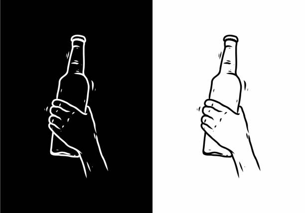 ilustraciones, imágenes clip art, dibujos animados e iconos de stock de dibujo de arte lineal en blanco y negro del diseño de la botella de su celebración a mano - mano agarrando botella de cerveza y taza