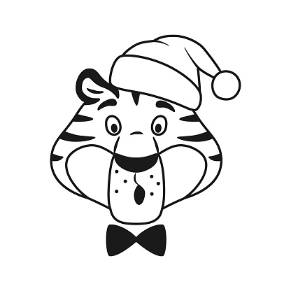 Black and white line tiger astonished face. Outline surprised funny wild cat in Santa hat head isolated on white background. New Year striped character coloring page. Xmas holiday vector illustration.