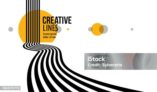 istock 3D black and white lines in perspective with yellow elements abstract vector background, linear perspective illustration op art, road to horizon. 1363274775