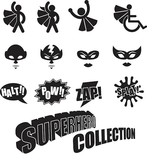 Black and white male female superhero icons collection Black and white superhero icons symbol collection. Male and female. black superwoman stock illustrations