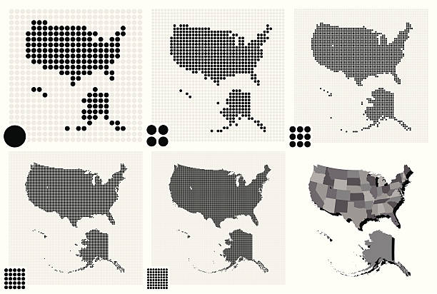 Black and white maps of The United States Set of 5 dotted maps of the United States in 5 different resolutions: from very low to ultra high, and two outline maps: with and without division by states. alaska us state stock illustrations