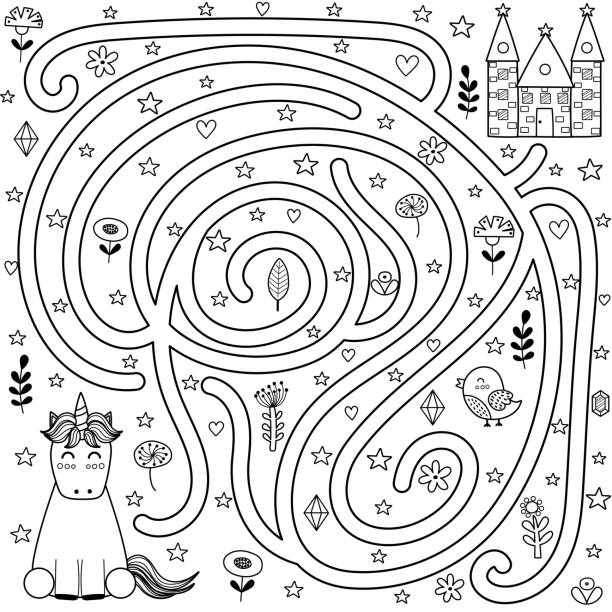 Black and white maze game and coloring page for kids. Help the unicorn find the way to the castle Black and white maze game and coloring page for kids. Help the unicorn find the way to the castle. Fairytale labyrinth for children. Vector illustration coloring book pages templates stock illustrations