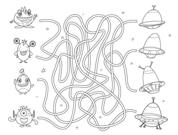 Black And White, Maze game for kids. Help the aliens find the right way to the UFO Vector Black And White, Maze game for kids. Help the aliens find the right way to the UFO coloring book pages templates stock illustrations