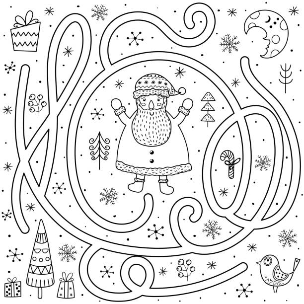 Black and white maze game for kids. Help the Santa Claus find the way to the Christmas tree Black and white maze game for kids. Help the Santa Claus find the way to the Christmas tree. Labyrinth for children. Vector illustration maze clipart stock illustrations