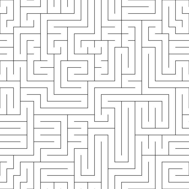 Black and white maze seamless pattern. black and white maze seamless pattern, big challenge game, linear square ornament, print for textiles, packaging, vector illustration maze backgrounds stock illustrations