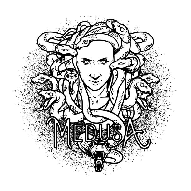 흰색 배경에 고립 된 티셔츠, 포스터, 로고 또는 문신에 대한 흑백 메두사의 머리 그림 - medusa stock illustrations