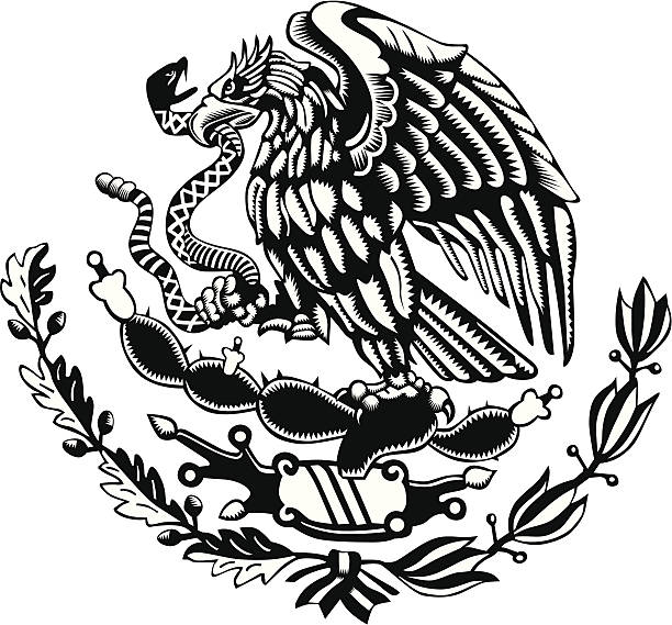 Black and white Mexico Coat of Arms Carved Style Vector drawing in a Carved Style of a Mexican Coat of Arms cactus symbols stock illustrations