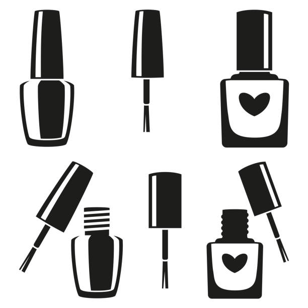Black and white nail polish silhouette set Black and white nail polish silhouette set. Hand hygiene solution. Beauty manicure themed vector illustration for icon, stamp, label, sticker, badge, gift card, certificate or flayer decoration nail polish bottle stock illustrations