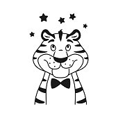 istock Black and white outline adorable smiling dreaming tiger portrait looking at stars above his head isolated on white background. Cute wild cat coloring page. Animal face sketch line vector illustration. 1360257462
