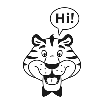 Black and white outline talking happy tiger portrait isolated on white background. Cute adorable wild cat say Hi. Coloring page for children. Holiday line striped animal character vector illustration.