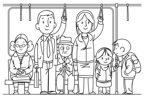 ilustrações de stock, clip art, desenhos animados e ícones de black and white, people go by public transport, metro, bus, train - wheelchair street happy