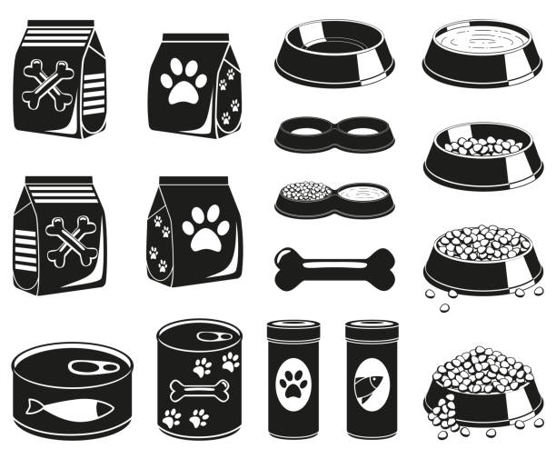 16 black and white pet food silhouette elements 16 black and white pet food silhouette elements. Domestic animals care vector illustration for icon, sticker, patch, label, badge, certificate or gift card decoration candy silhouettes stock illustrations
