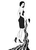 Black and white portrait in full growth of a girl in high heels in a black dress on a white background
