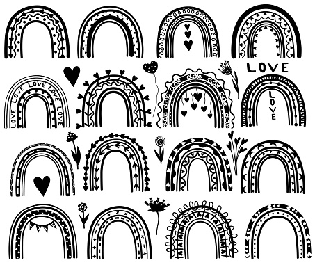 Black and white Rainbows in boho style. There are hearts, flowers, balloons like concept wedding and Valentine's day. Rainbows' set for banners, cards, posters. Vector's illustration