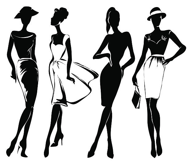 Black and white retro fashion models in sketch style Black and white retro fashion models in sketch style. Hand drawn vector illustration model object stock illustrations