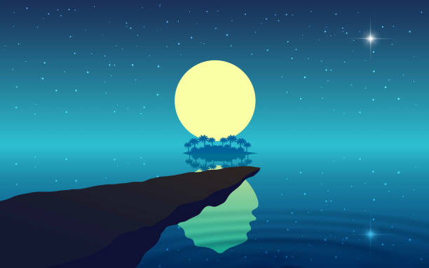black and white room landscapeof cliff on the beach in full moon night full moon illustrations stock illustrations